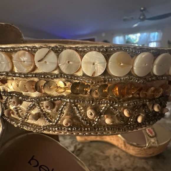 BEBE DECORATIVE BUTTON DESIGN CORK WEDGE ANKLE STRAP HEELS SIZE 8 - Picture 4 of 16